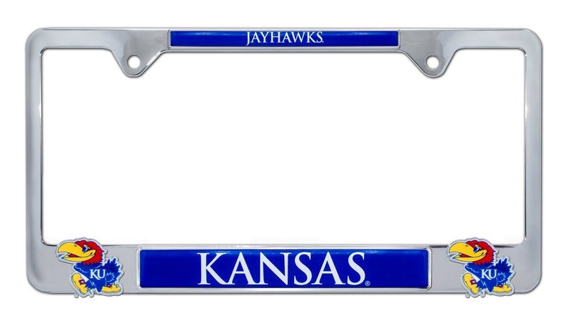 Premium KU Kansas Mascot License Plate Frame w/Dual 3D Logos - Second Generation (Kansas)